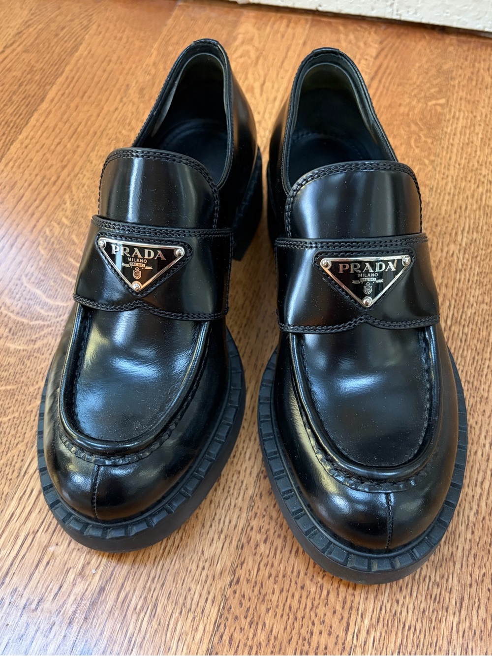 Prada Triangle Logo Leather loafers, Spazolatto black, 36